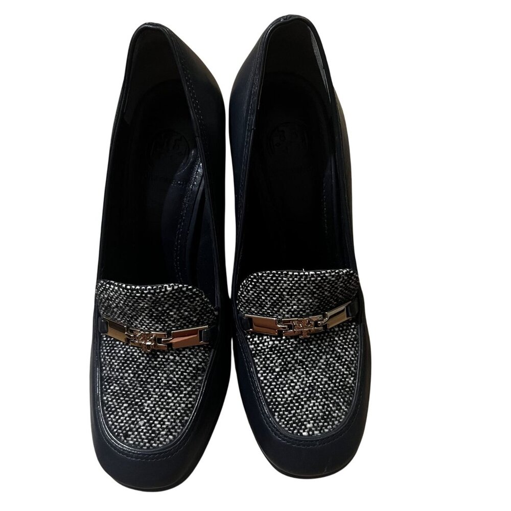 Tory Burch Women's Black Leather & Tweed wedges With Gold Hardware & Block Heels